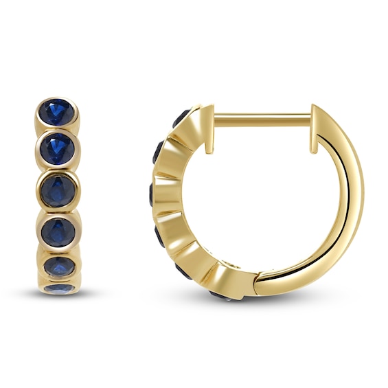Natural Blue Sapphire Bezel-Set Hoop Earrings 14K Yellow Gold