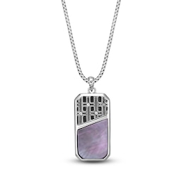 Men's Natural Black Mother-of-Pearl & White Lab-Created Sapphire Dog Tag Necklace Sterling Silver 24"