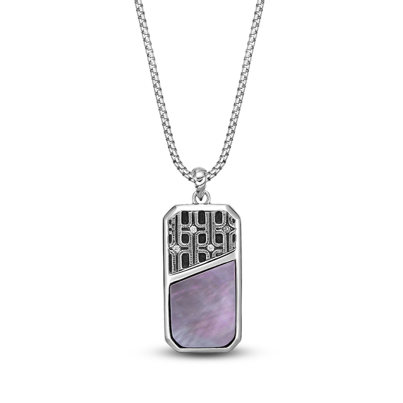 Main Image 1 of Men's Natural Black Mother-of-Pearl & White Lab-Created Sapphire Dog Tag Necklace Sterling Silver 24"