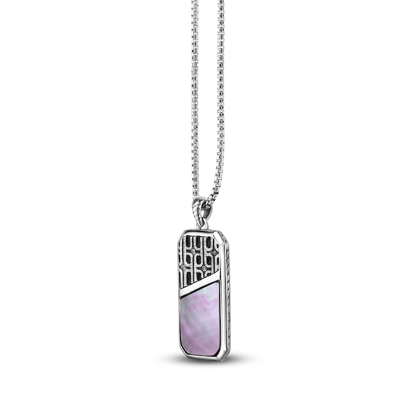 Main Image 2 of Men's Natural Black Mother-of-Pearl & White Lab-Created Sapphire Dog Tag Necklace Sterling Silver 24"