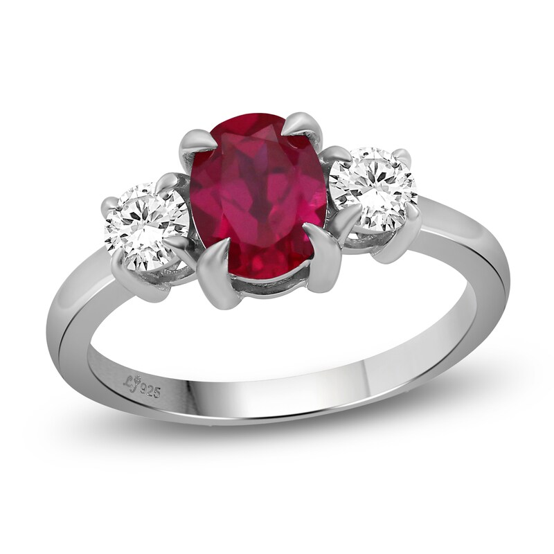 Main Image 1 of Oval-Cut Lab-Created Ruby & White Lab-Created Sapphire Three-Stone Ring Sterling Silver