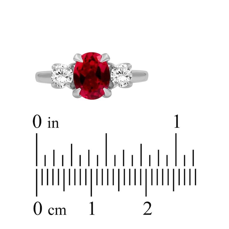 Main Image 3 of Oval-Cut Lab-Created Ruby & White Lab-Created Sapphire Three-Stone Ring Sterling Silver