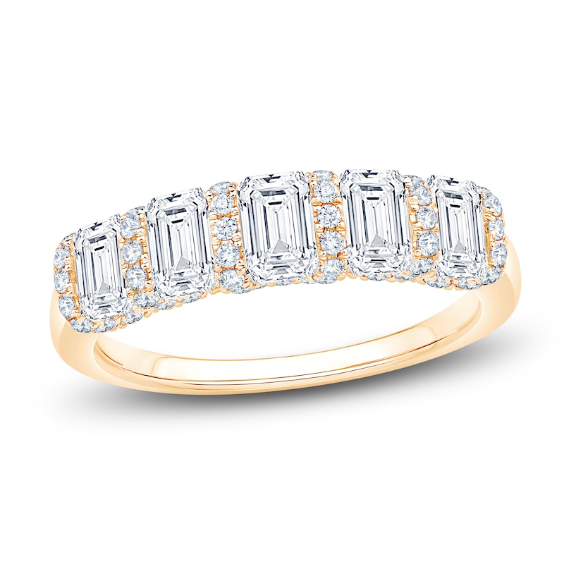 Main Image 1 of Certified Emerald & Round-Cut Diamond Scalloped-Edge Anniversary Ring 2 ct tw 14K Yellow Gold