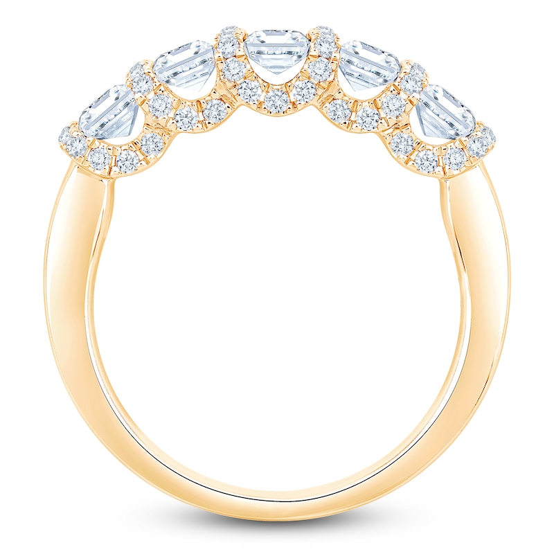 Main Image 2 of Certified Emerald & Round-Cut Diamond Scalloped-Edge Anniversary Ring 2 ct tw 14K Yellow Gold