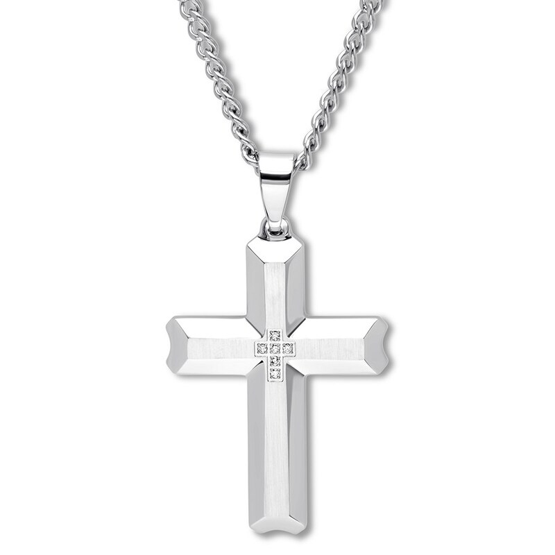 Main Image 1 of Cross Necklace 1/20 ct tw Diamonds Stainless Steel 24"