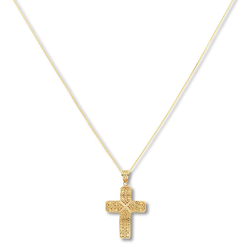 Wide Filigree Cross Necklace 14K Yellow Gold 18"