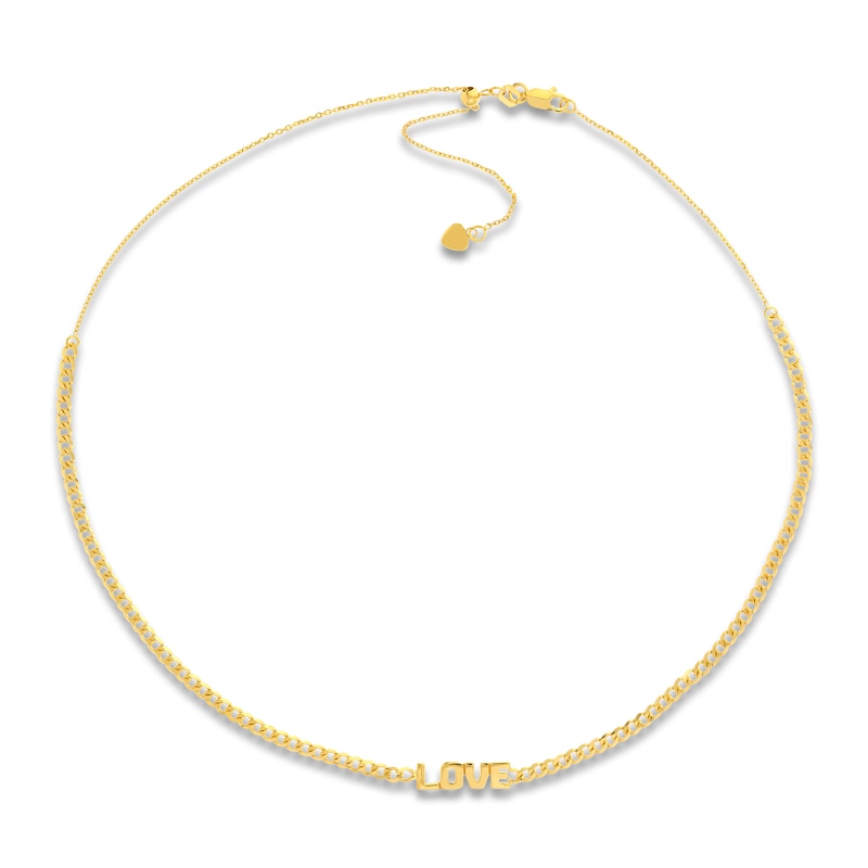 Love Curb Chain Choker Necklace 14K Yellow Gold 12"