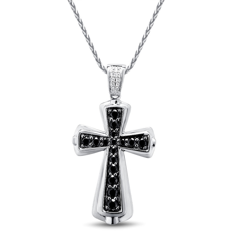 Men's Black & White Diamond Cross Necklace 7/8 ct tw Sterling Silver