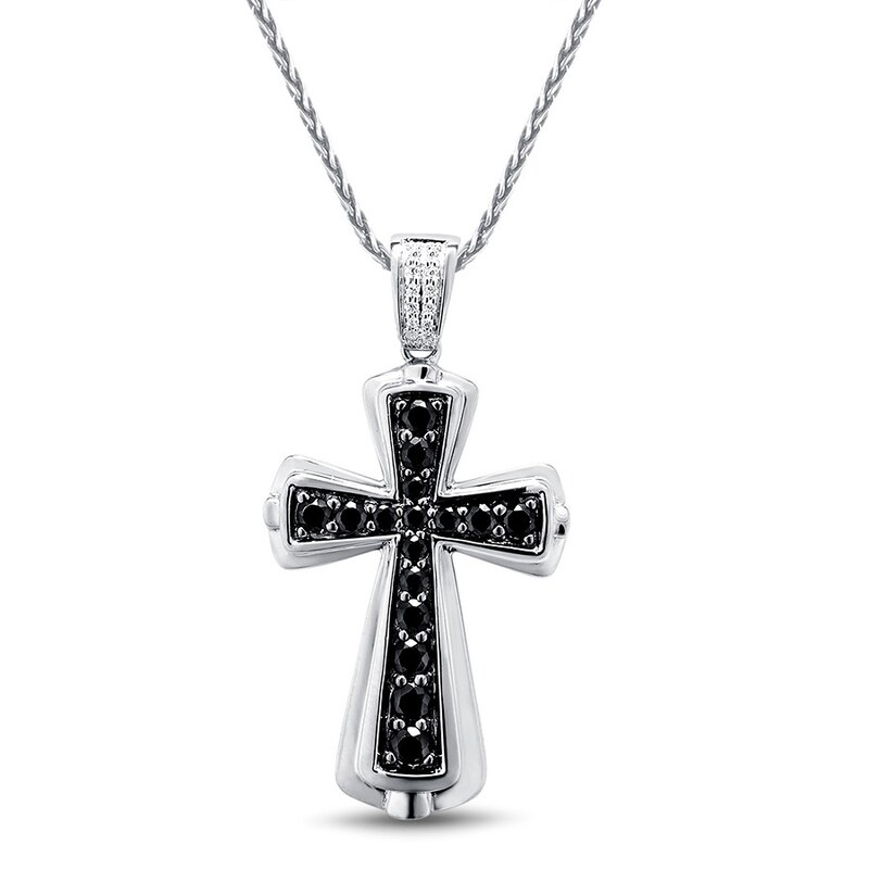 Main Image 1 of Men's Black & White Diamond Cross Necklace 7/8 ct tw Sterling Silver