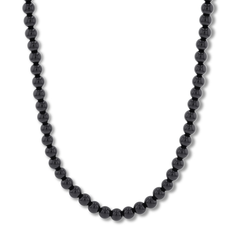 Black Onyx Bead Necklace Stainless Steel 24"