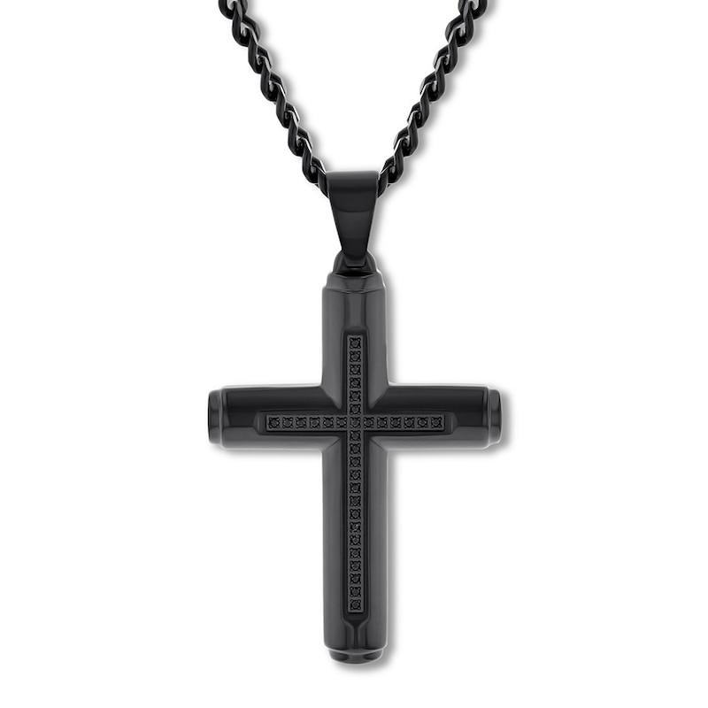 Black Diamond Cross Necklace 1/6 ct tw Stainless Steel 24"