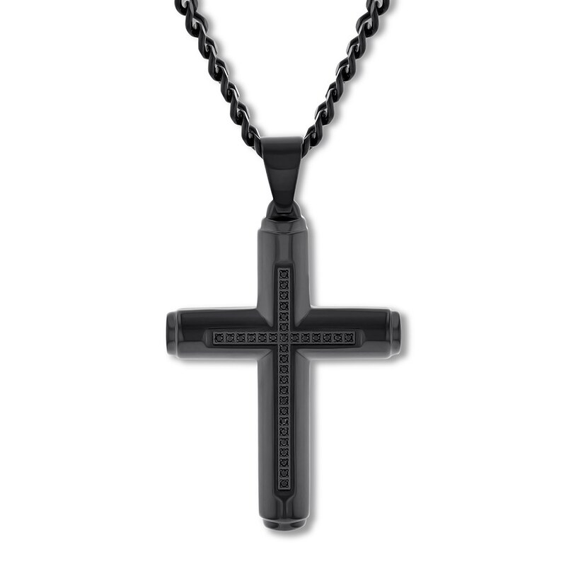 Main Image 1 of Black Diamond Cross Necklace 1/6 ct tw Stainless Steel 24"
