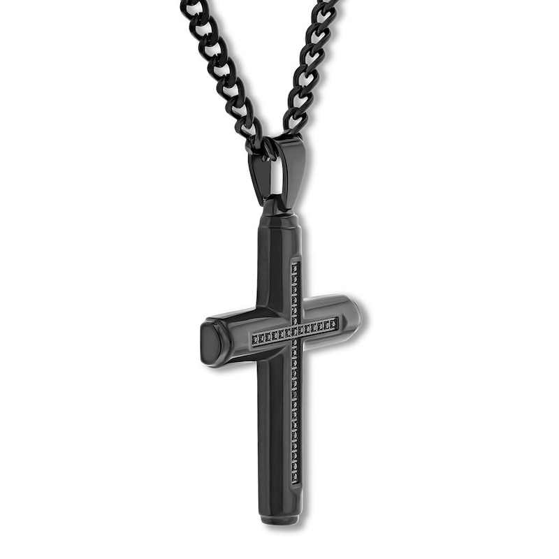 Black Diamond Cross Necklace 1/6 ct tw Stainless Steel 24"