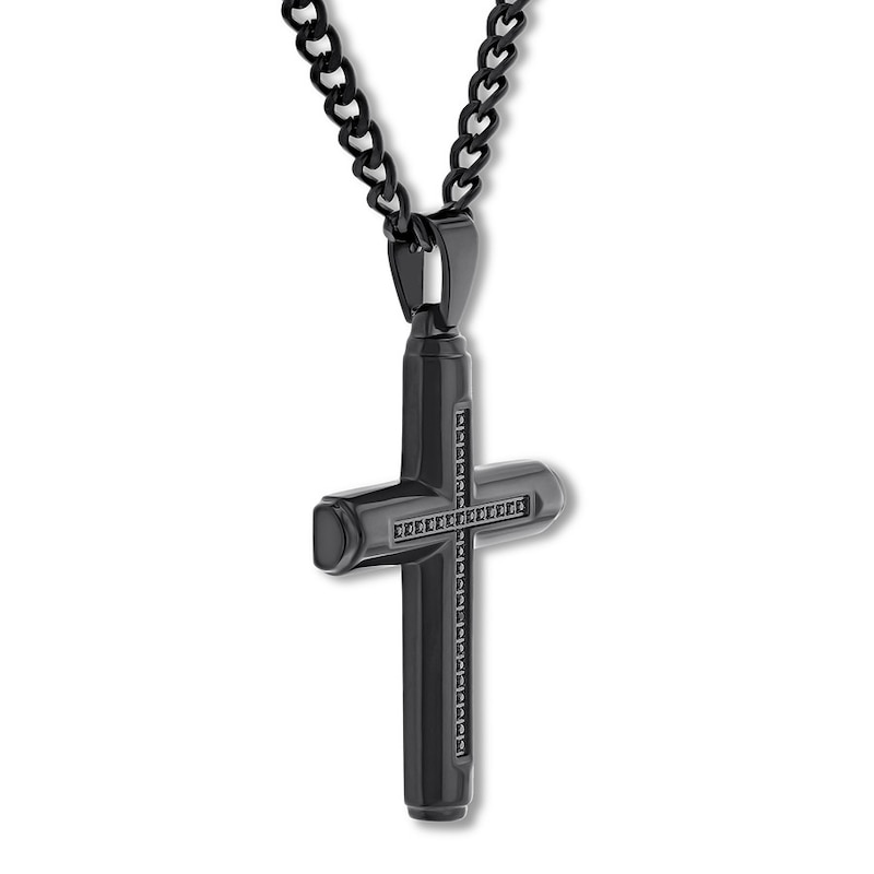 Main Image 2 of Black Diamond Cross Necklace 1/6 ct tw Stainless Steel 24"