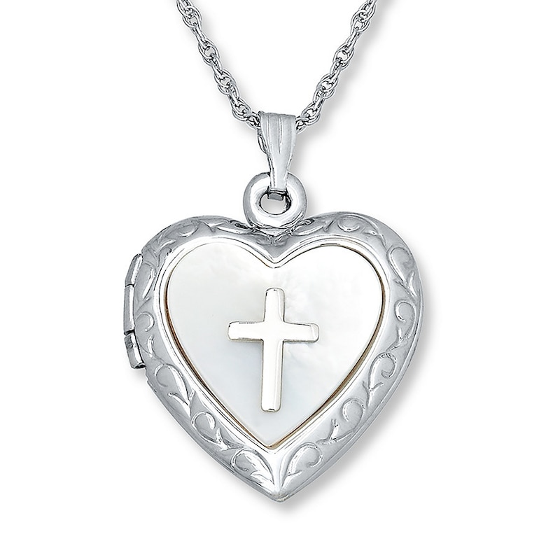 Main Image 1 of Cross Heart Locket Mother-of-Pearl Sterling Silver 18"
