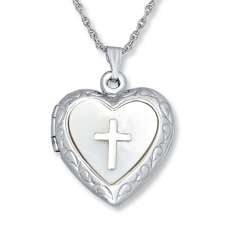 Cross Heart Locket Mother-of-Pearl Sterling Silver 18"