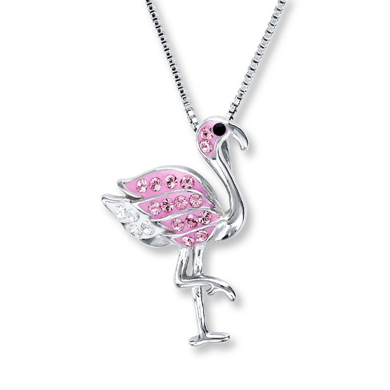 Main Image 1 of Flamingo Necklace Pink/White/Black Crystals Sterling Silver 18"
