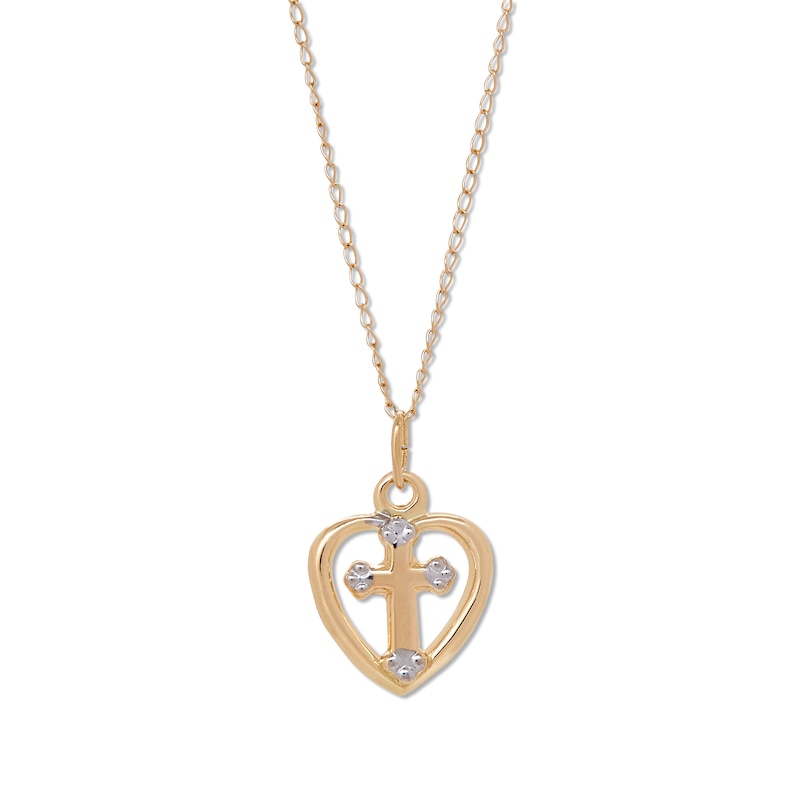 14K Yellow Gold Heart with Cross Pendant on an Adjustable 14K Yellow Gold Chain Necklace 