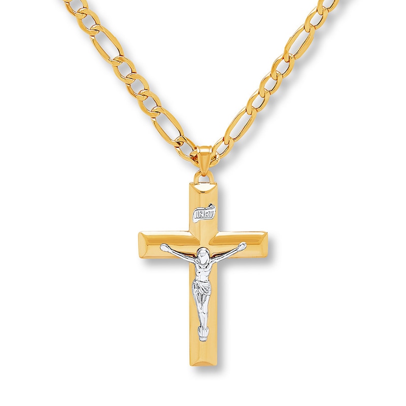 Main Image 1 of Men's Crucifix Figaro Necklace 10K Yellow Gold 20 Length