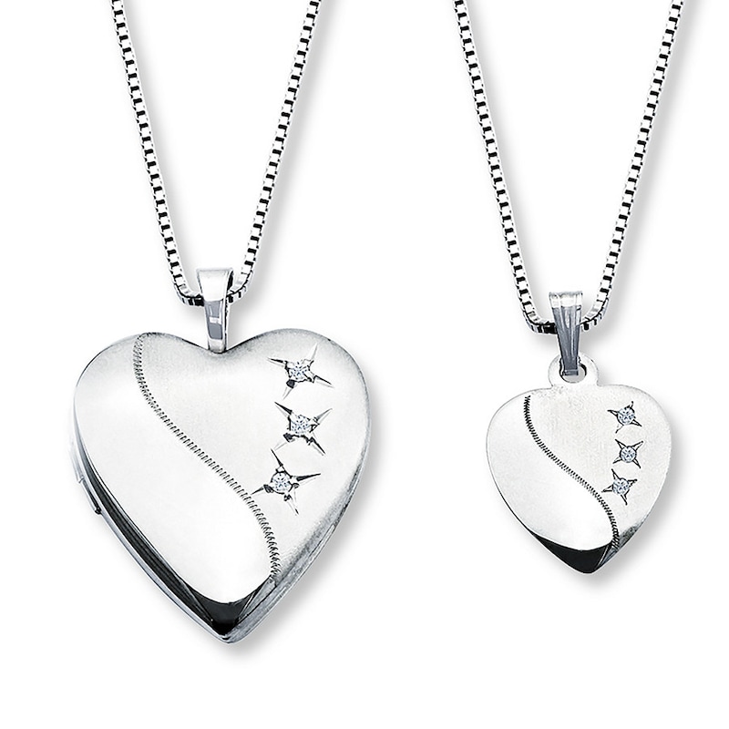 Mother/Daughter Necklaces Heart with Diamonds Sterling Silver