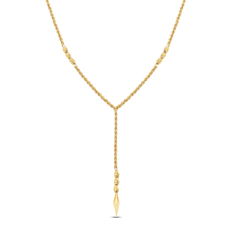 Bead Station and Lariat Rope Necklace 10K Yellow Gold 18" Adjustable