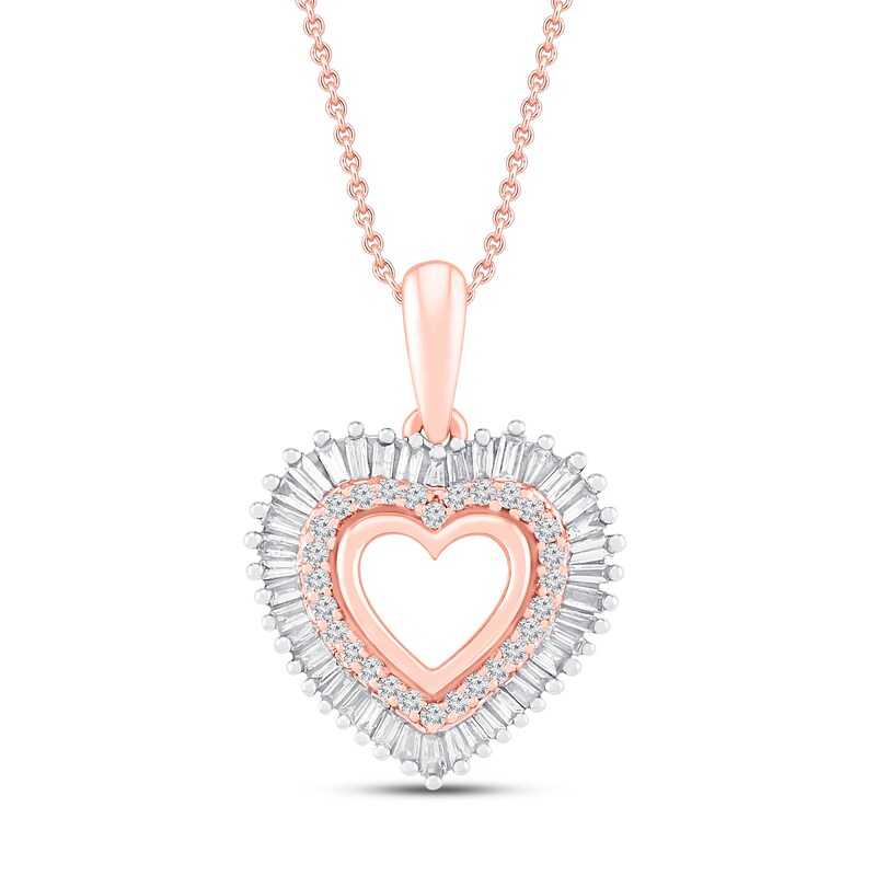 Diamond Heart Pendant Necklace 1 3 Ct Tw Baguette Round 10k Rose Gold Jared