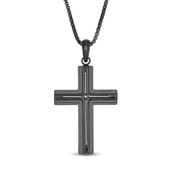Cross Necklace Diamond Accent Black Ion-Plated Stainless Steel 24"