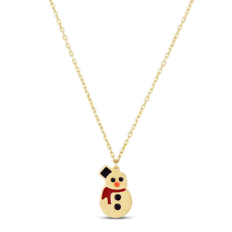 Main Image 1 of Snowman Pendant Red/Black Enamel Necklace 14K Yellow Gold 18"