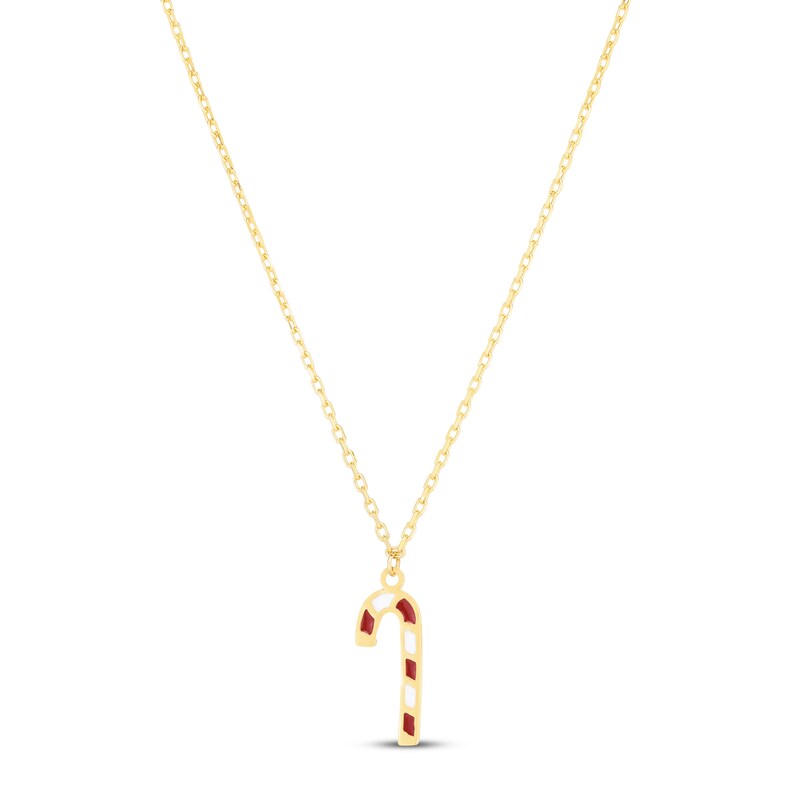 Main Image 1 of Candy Cane Pendant Necklace Red/White Enamel 14K Yellow Gold 18"