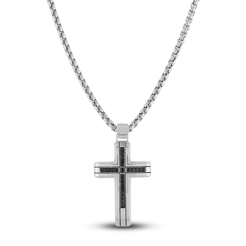 Main Image 1 of Black Diamond Cross Necklace 1/4 ct tw Stainless Steel 22"