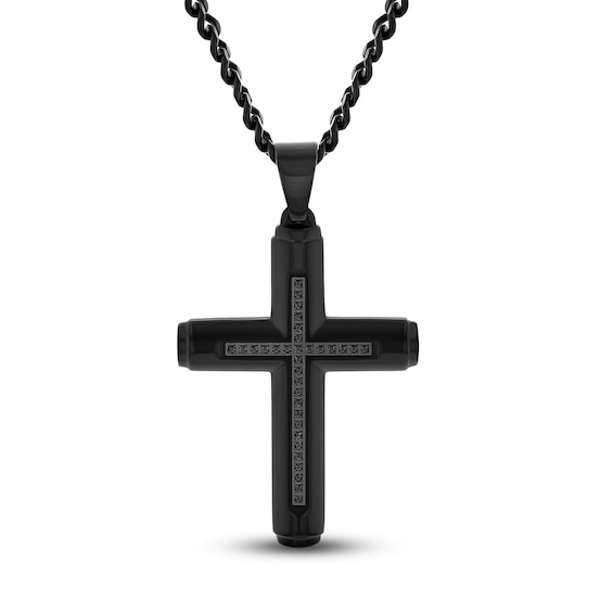 Black Diamond Cross Necklace 16 ct tw Round Black Stainless Steel 24