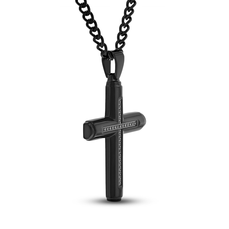 Main Image 2 of Black Diamond Cross Necklace 1/6 ct tw Round Black Stainless Steel 24"