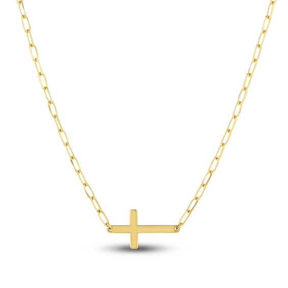 Cross Paperclip Necklace 14K Yellow Gold 18"