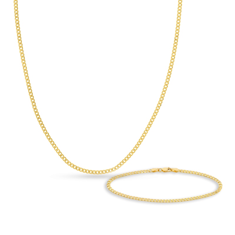 Solid Curb Chain Necklace/Bracelet Set 14K Yellow Gold 18"