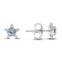 Natural Aquamarine Star Stud Earrings 1/20 ct tw Diamonds 14K White Gold