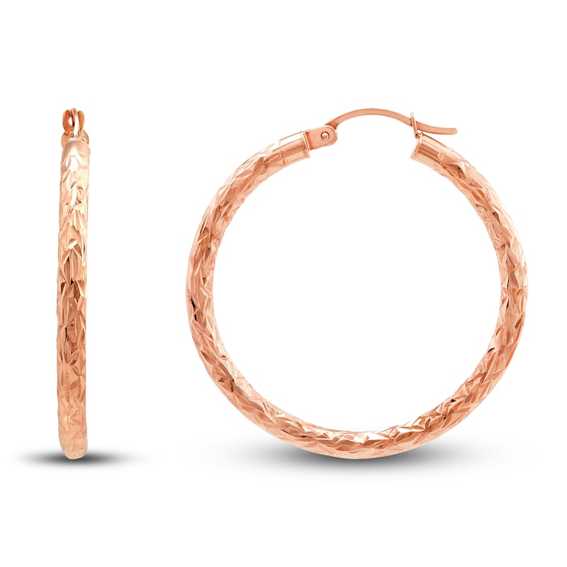Diamond-Cut Round Tube Hoop Earrings 14K Rose Gold 35mm