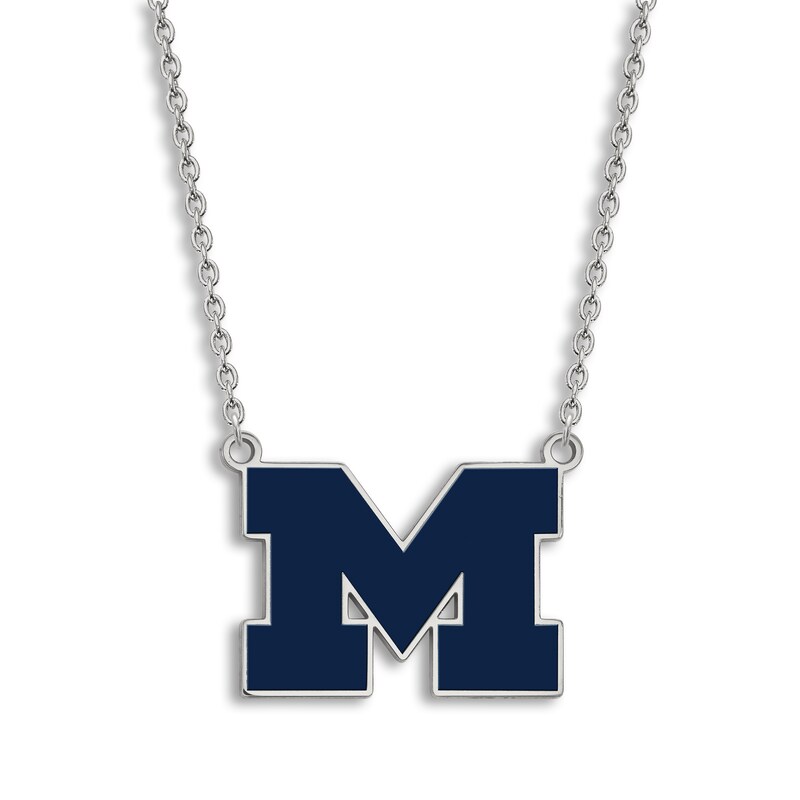 Main Image 1 of University of Michigan Large Blue Enamel Pendant Necklace Sterling Silver 18"