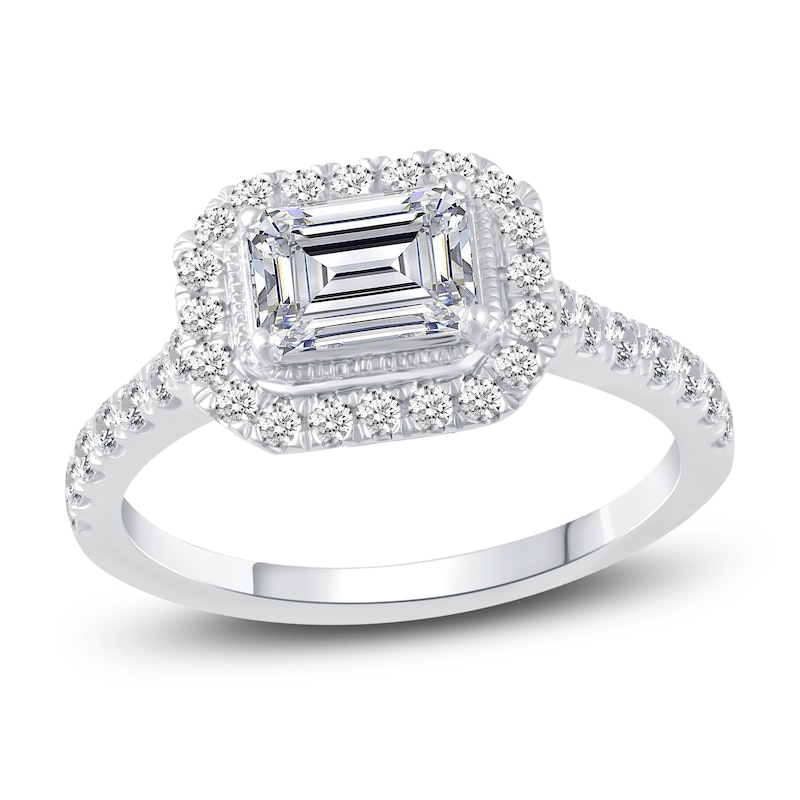 Main Image 1 of Diamond Halo Engagement Ring 1-1/8 ct tw Emerald/Round 14K White Gold