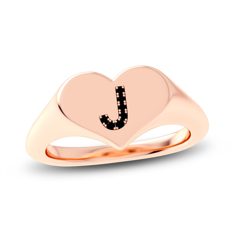 Main Image 1 of Juliette Maison Black Diamond Initial Heart Signet Ring 1/6 ct tw Round 10K Rose Gold