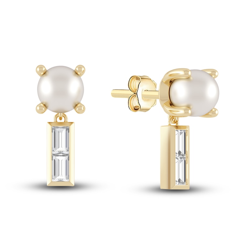 Juliette Maison Natural White Sapphire Baguette and Cultured Freshwater Pearl Earrings 10K Yellow Gold