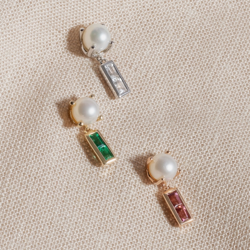 Main Image 3 of Juliette Maison Natural White Sapphire Baguette and Freshwater Cultured Pearl Earrings 10K Yellow Gold