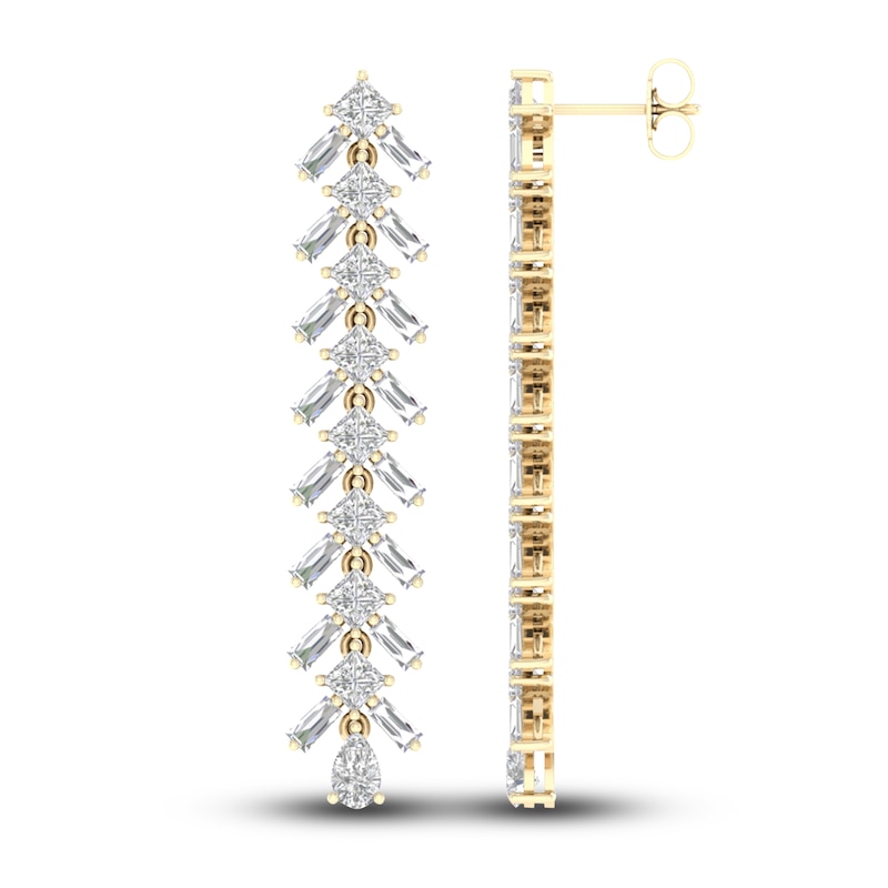 Main Image 2 of Lab-Grown Diamond Dangle Earrings 4-3/4 ct tw Princess/Baguette/Pear 14K Yellow Gold