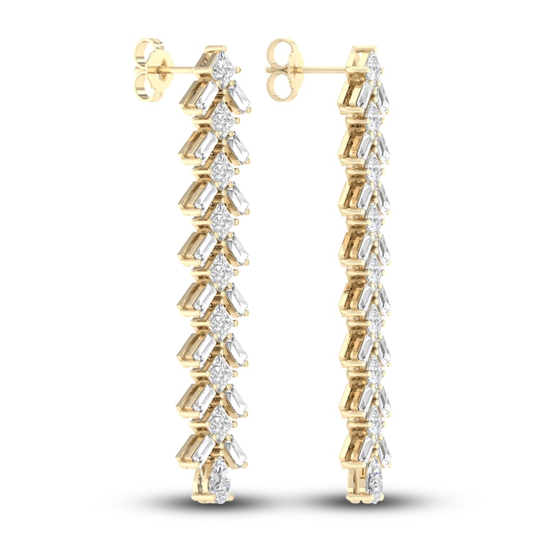 Lab-Created Diamond Dangle Earrings 4-3/4 ct tw Princess/Baguette/Pear 14K Yellow Gold