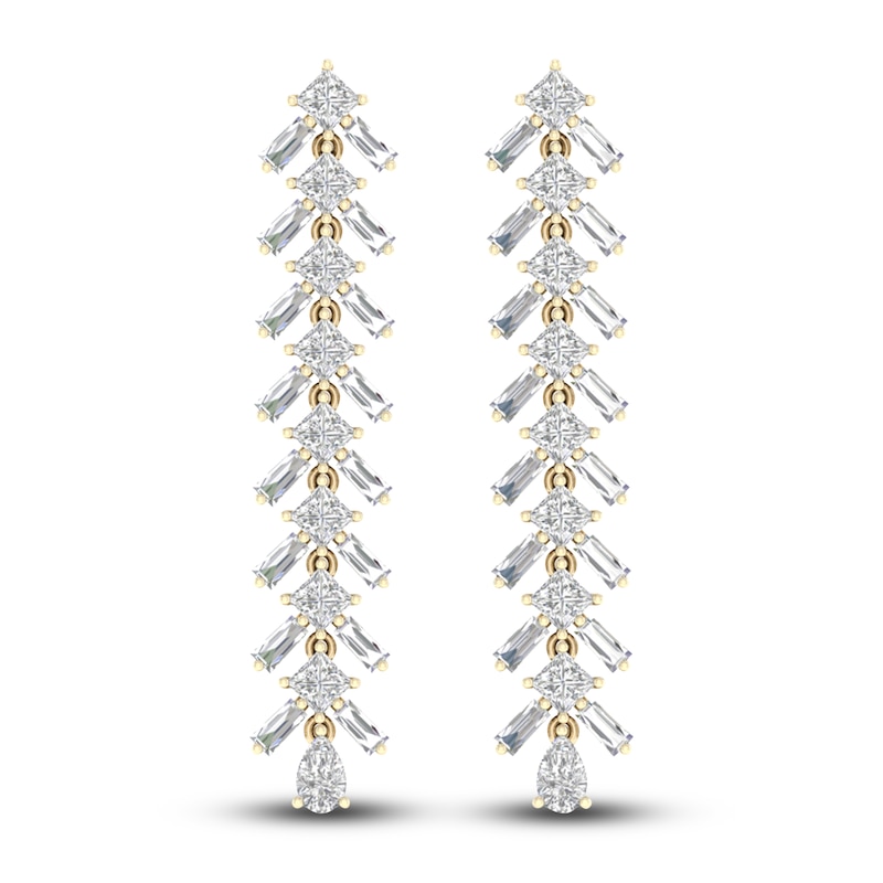 Main Image 4 of Lab-Grown Diamond Dangle Earrings 4-3/4 ct tw Princess/Baguette/Pear 14K Yellow Gold