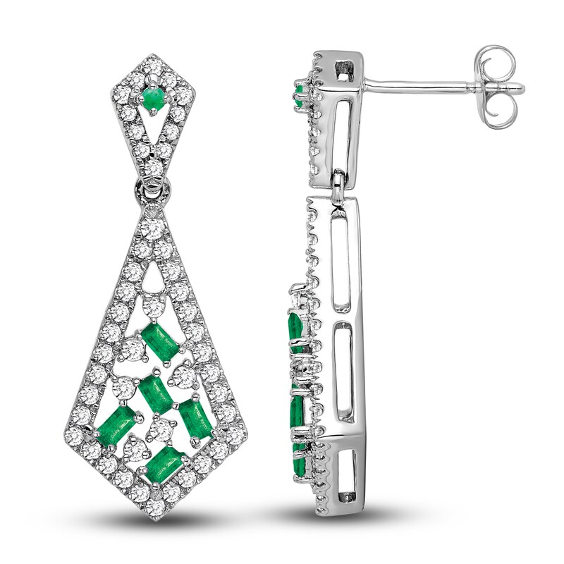 Natural Emerald Dangle Earrings 5/8 ct tw Diamonds 14K White Gold