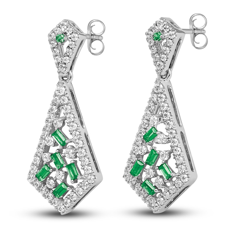 Natural Emerald Dangle Earrings 5/8 ct tw Diamonds 14K White Gold
