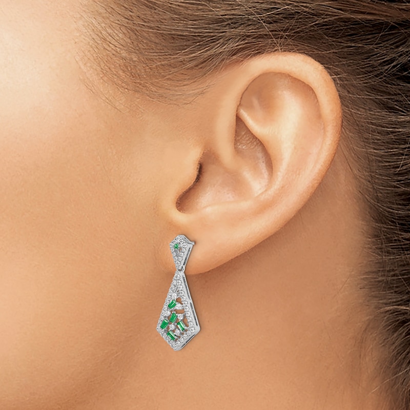 Natural Emerald Dangle Earrings 5/8 ct tw Diamonds 14K White Gold