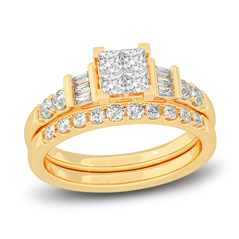 Diamond Bridal Set 1 ct tw Princess/Baguette/ Round 14K Yellow Gold