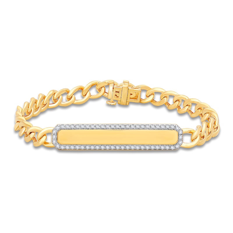 Main Image 1 of Diamond Cuban Link Station Bracelet 1/3 ct tw Round 14K Yellow Gold 7&quot;