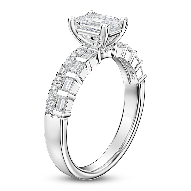 Emerald, Round & Baguette-Cut Diamond Engagement Ring 1 ct tw 14K White ...